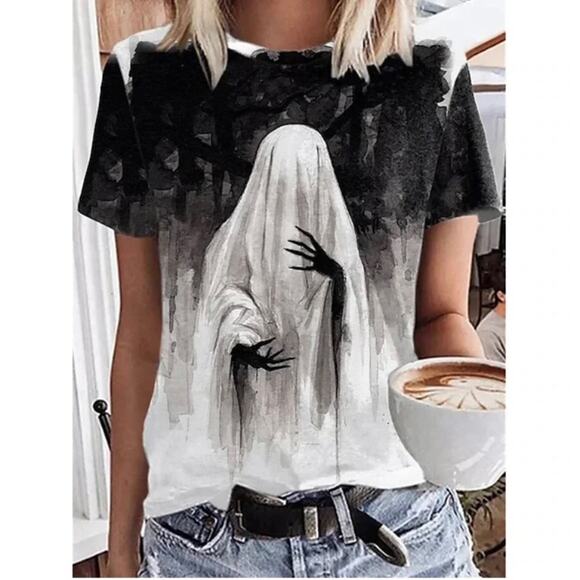 Unbranded Tops - Unbranded Spooky White Black Ghost Graphic Halloween Tee NWOT X Large